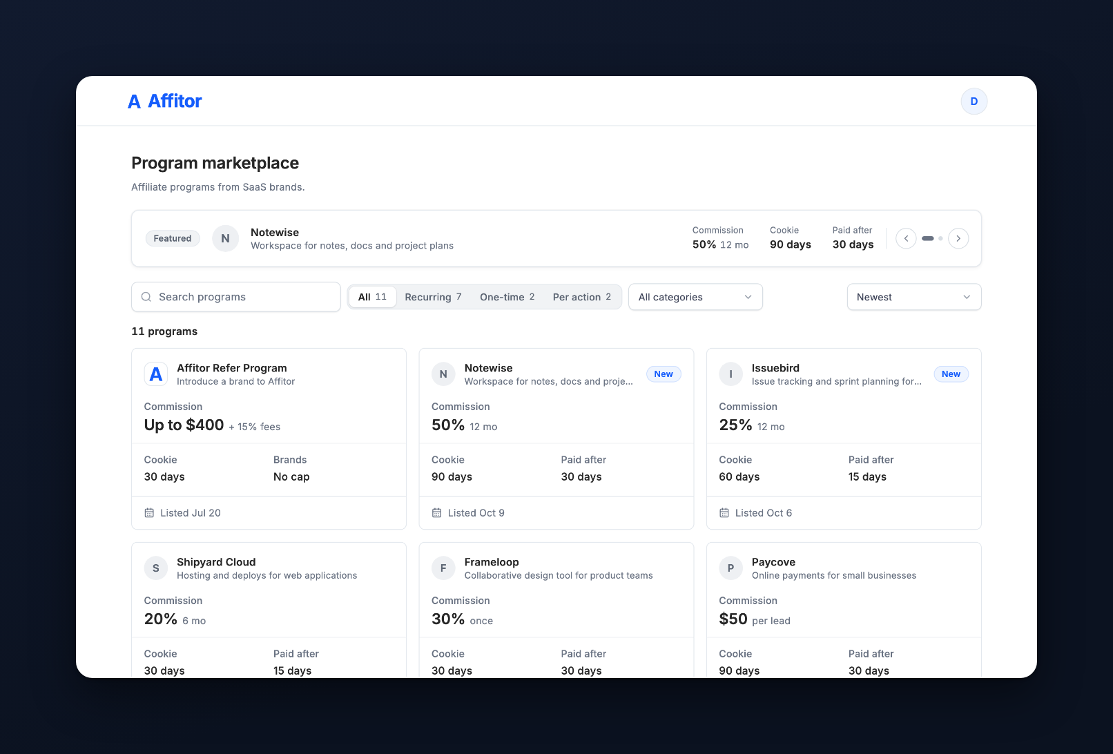 The marketplace: a featured program on top, then search, type filters, a category menu, sort, and a grid of program cards