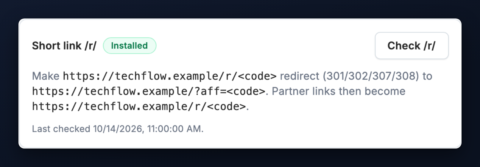 The Short link /r/ card in Settings showing Installed, with the redirect rule and a Check /r/ button