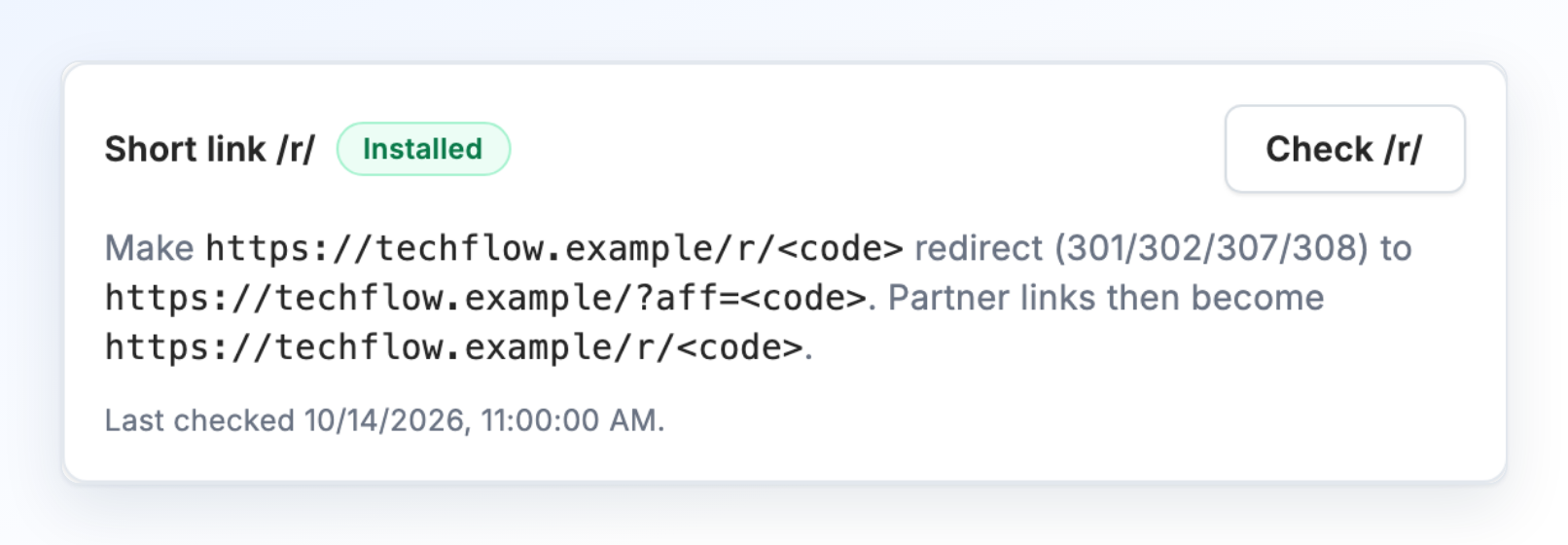 The Short link /r/ card in Settings showing Installed, with the redirect rule and a Check /r/ button